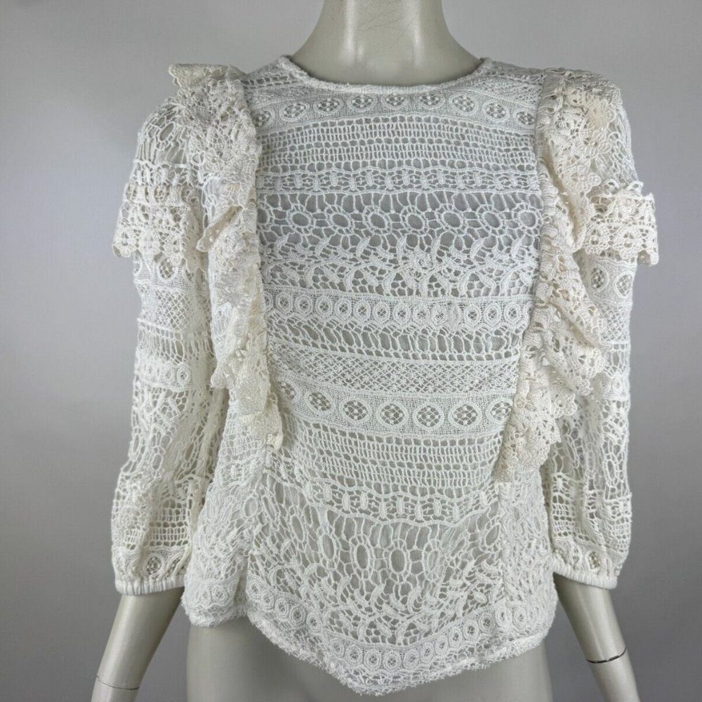 Anthropologie Seen Serena Lace Ruffle Blouse Top Women S 3/4 Sleeve Lined Cotton